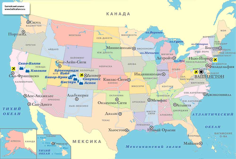 Карта Америки с названием штатов и городов